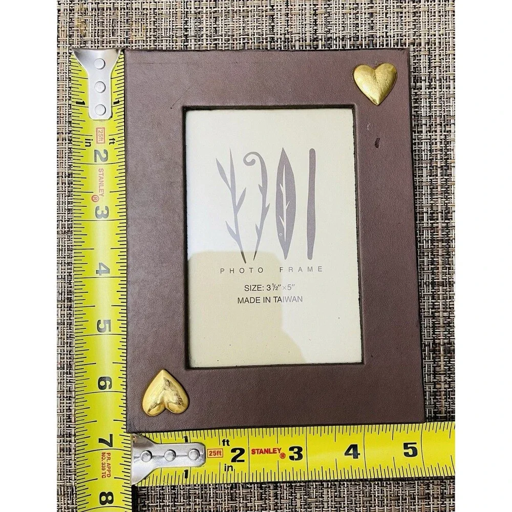 Vintage Brown Wood-Look Frame W Appliqué Metal Hearts 6.5